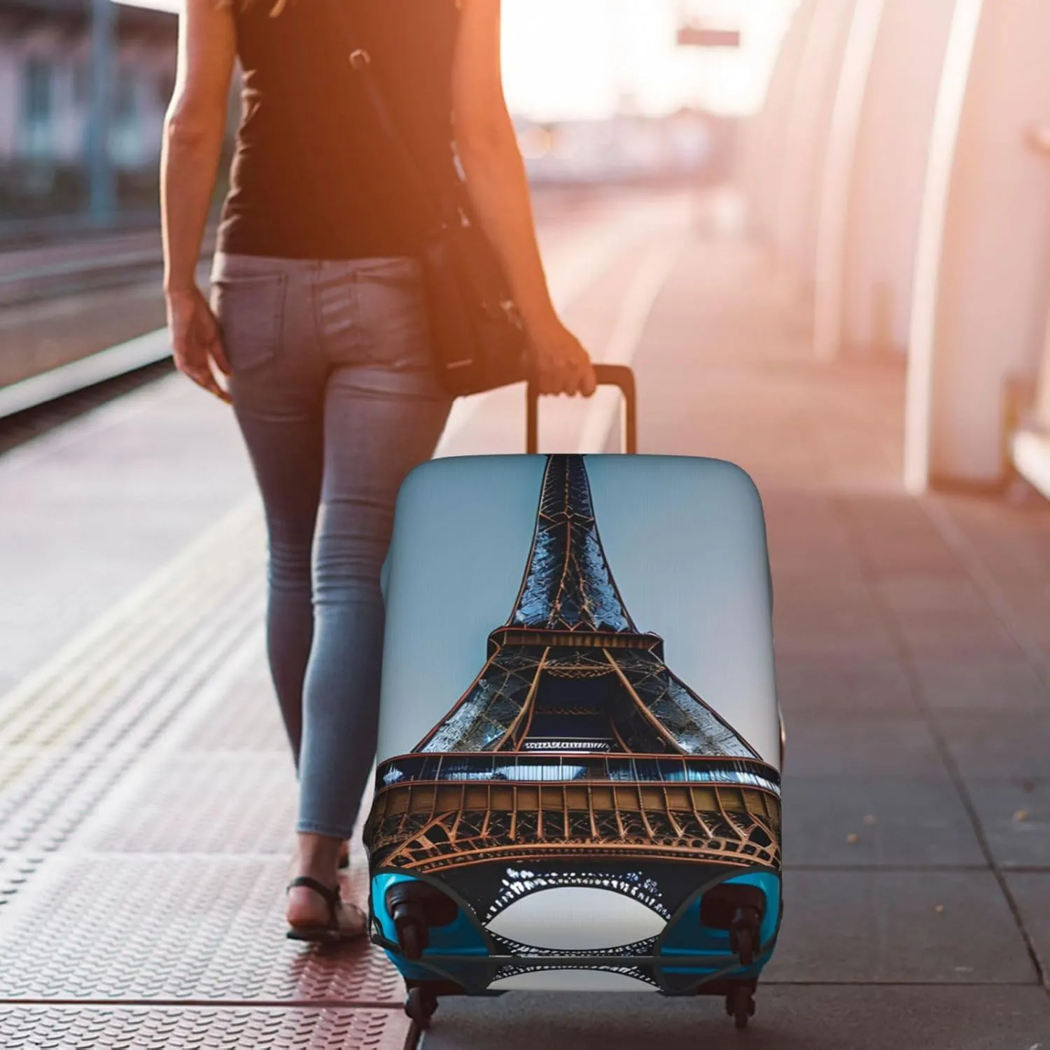 Paris Eiffel Tower Print Practical Elastic Washable Travel Luggage Cover with Concealed Zipper for Suitcases