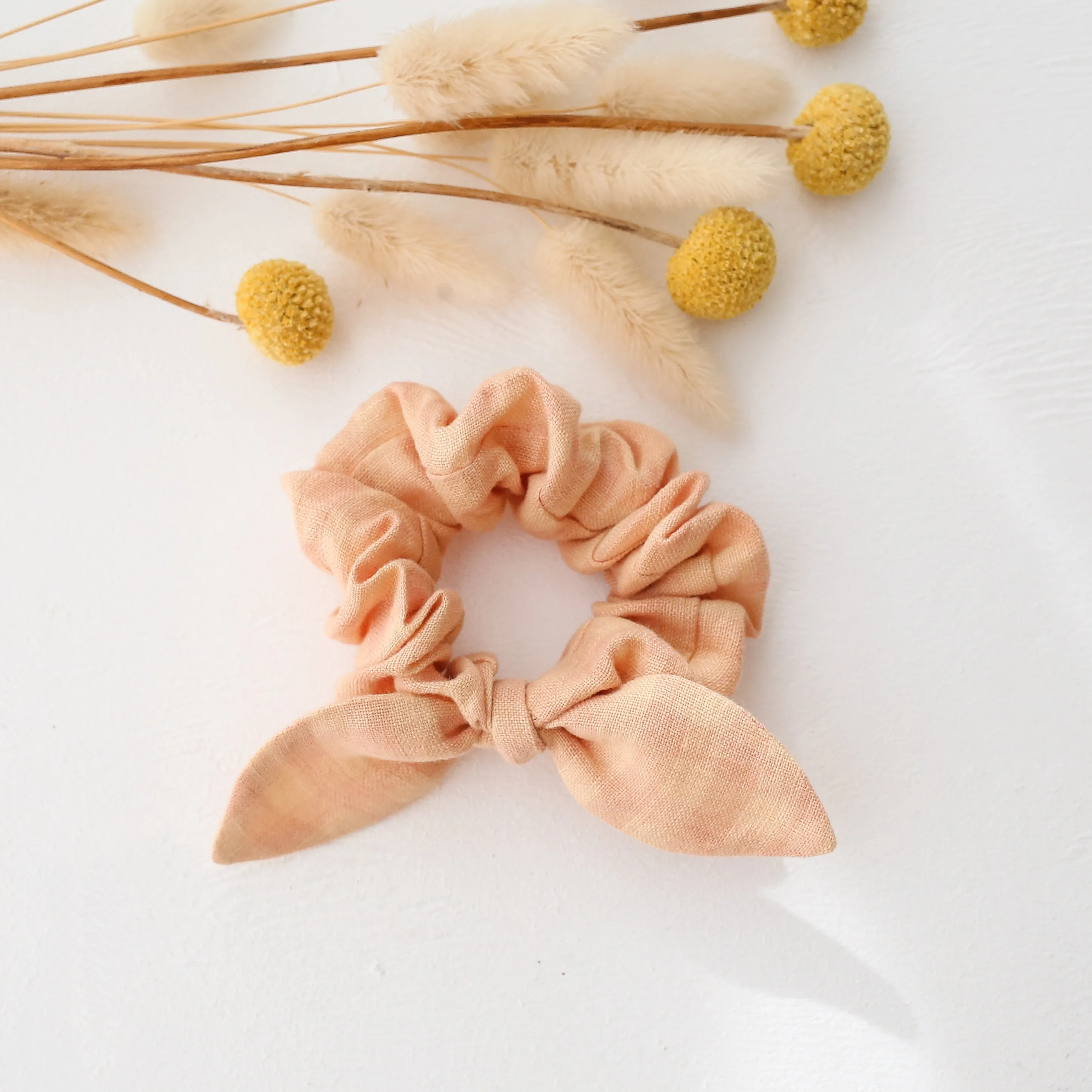 Peach & Pink Gingham Linen Bow Scrunchie