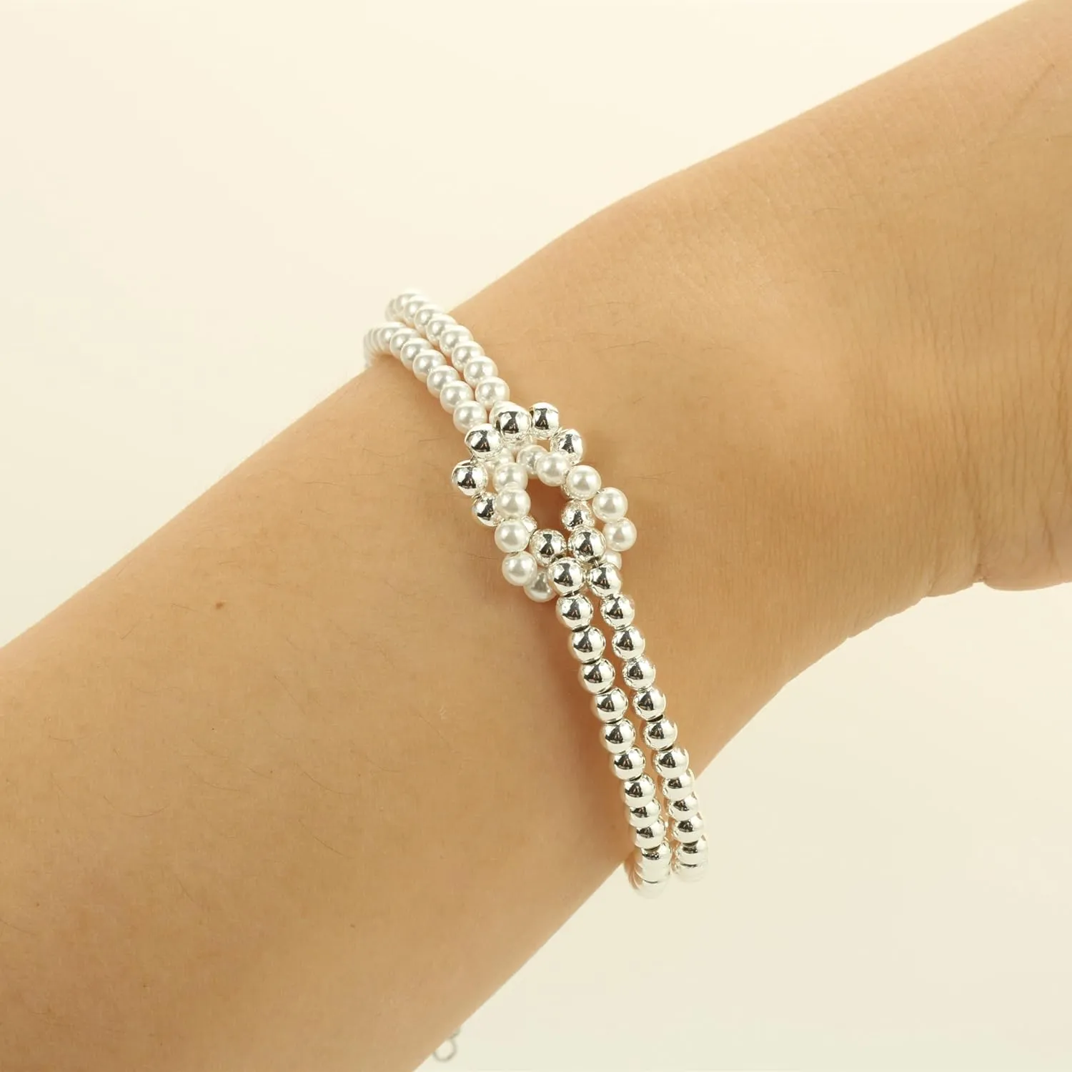 Pearl and Gold Beaded Love Knot Bracelet for Women, Dainty Silver Infinity Bracelet Jewelry Gifts