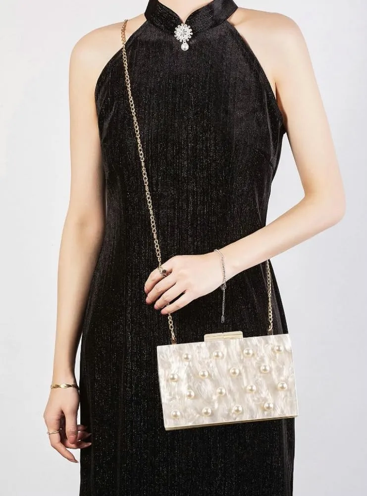 Pearl Clutch Purses Women Acrylic Evening Handbags Chain Shoulder Crossbody Bag Trendy Decoration Wedding Party Prom