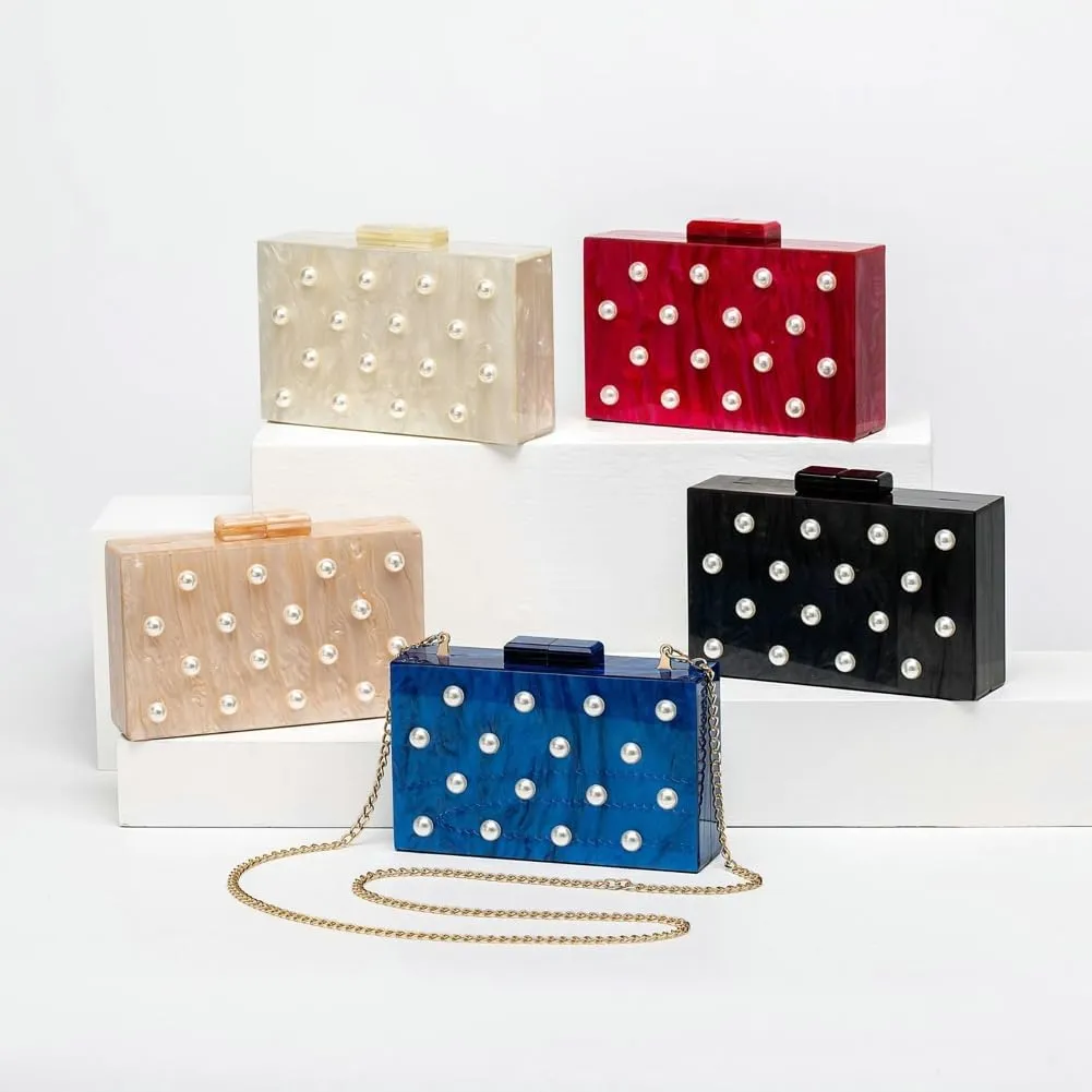 Pearl Clutch Purses Women Acrylic Evening Handbags Chain Shoulder Crossbody Bag Trendy Decoration Wedding Party Prom
