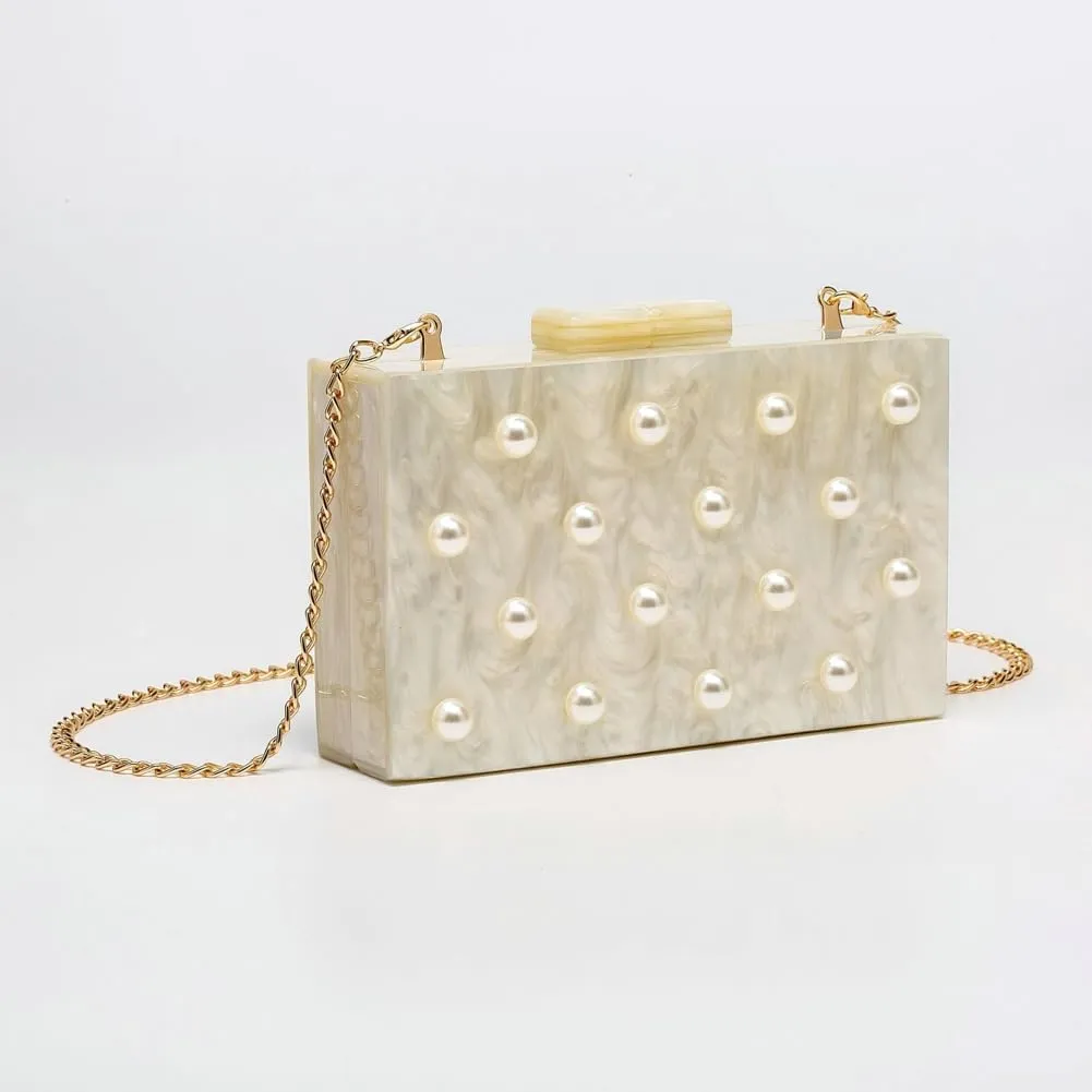 Pearl Clutch Purses Women Acrylic Evening Handbags Chain Shoulder Crossbody Bag Trendy Decoration Wedding Party Prom