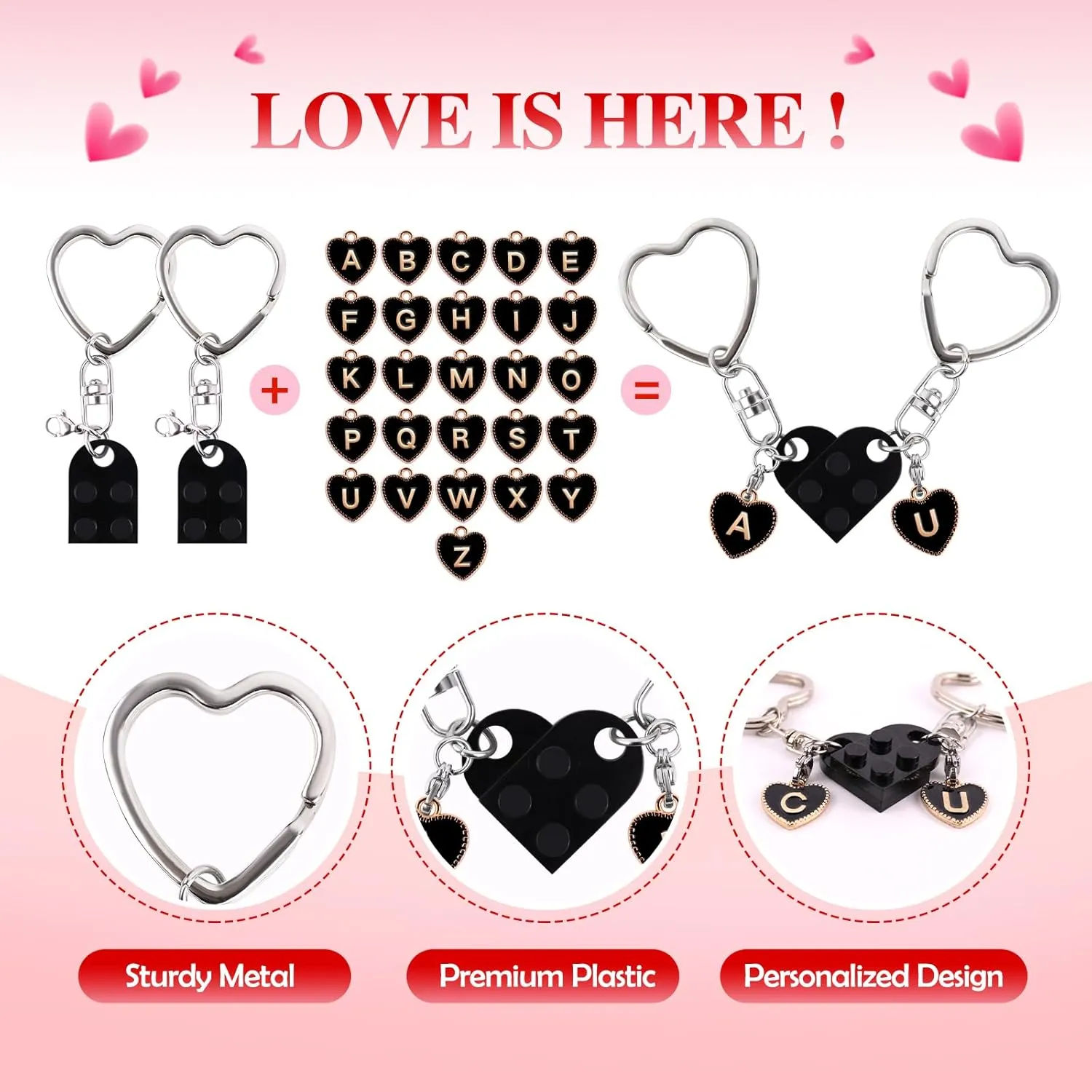 Personalized Brick Matching Heart Keychains, Initial Cute Keychains for Couple Boyfriend Girlfriend