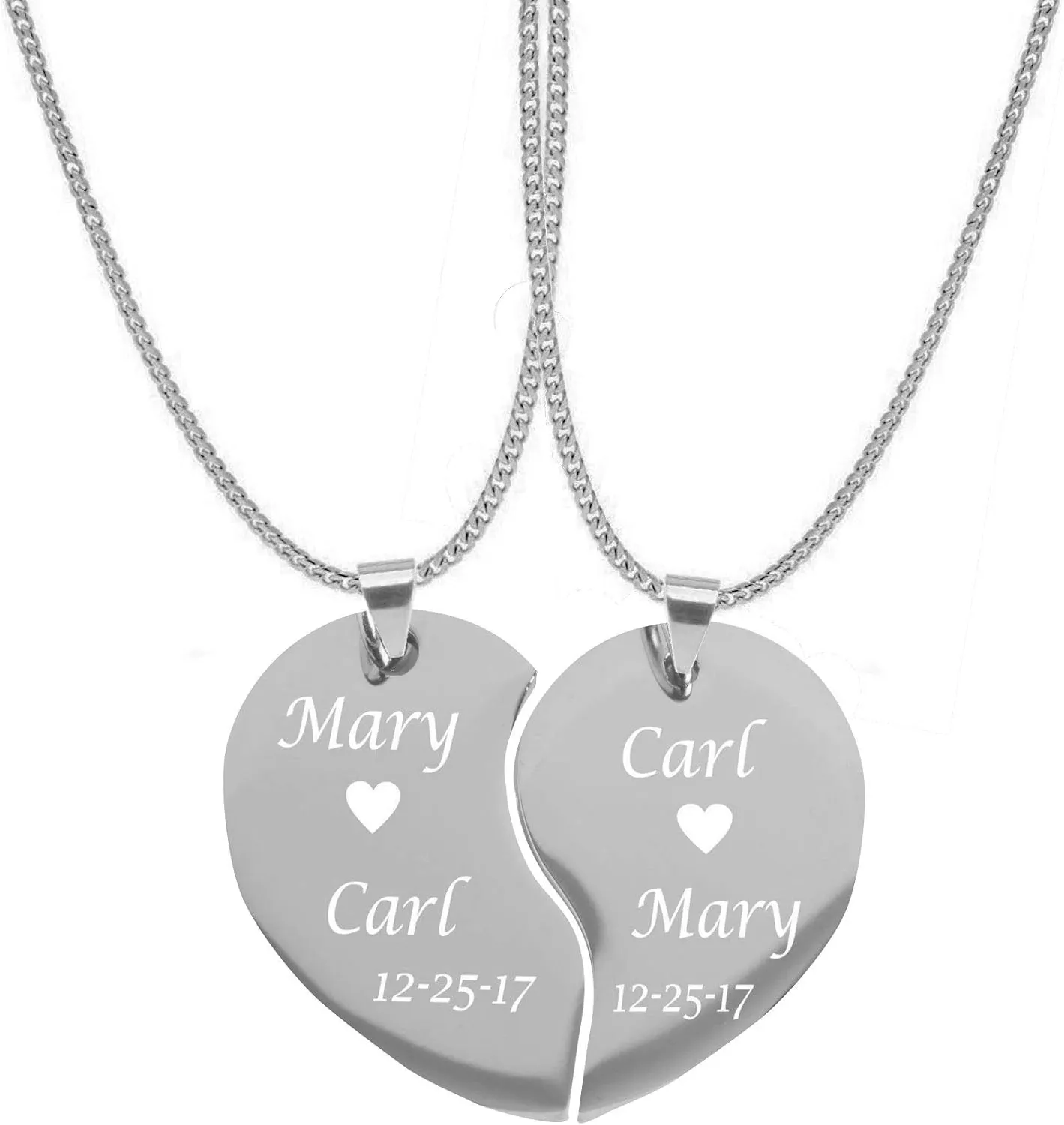 Personalized Couple's Silver Stainless Steel Split Broken Heart Necklace Set Custom Engraved Free - Ships from USA