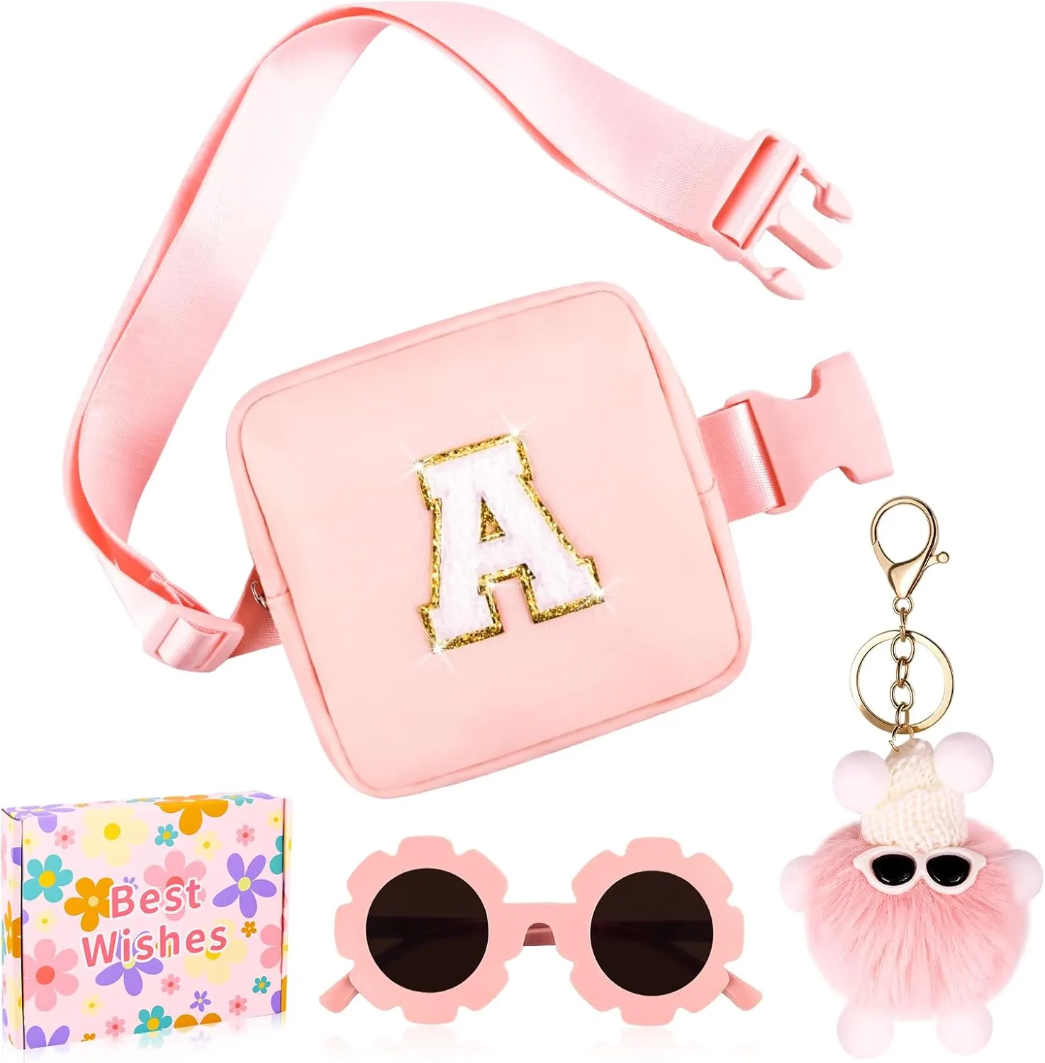 Personalized Mini Fanny Pack for Kids with Sunglasses & Cute Keychain, Small Initial Belt Crossbody Bag Purse for Teen Girls, Birthday Gifts for 3 4 5 6 7 8 9 10 Years Old Kid (A, Pink)