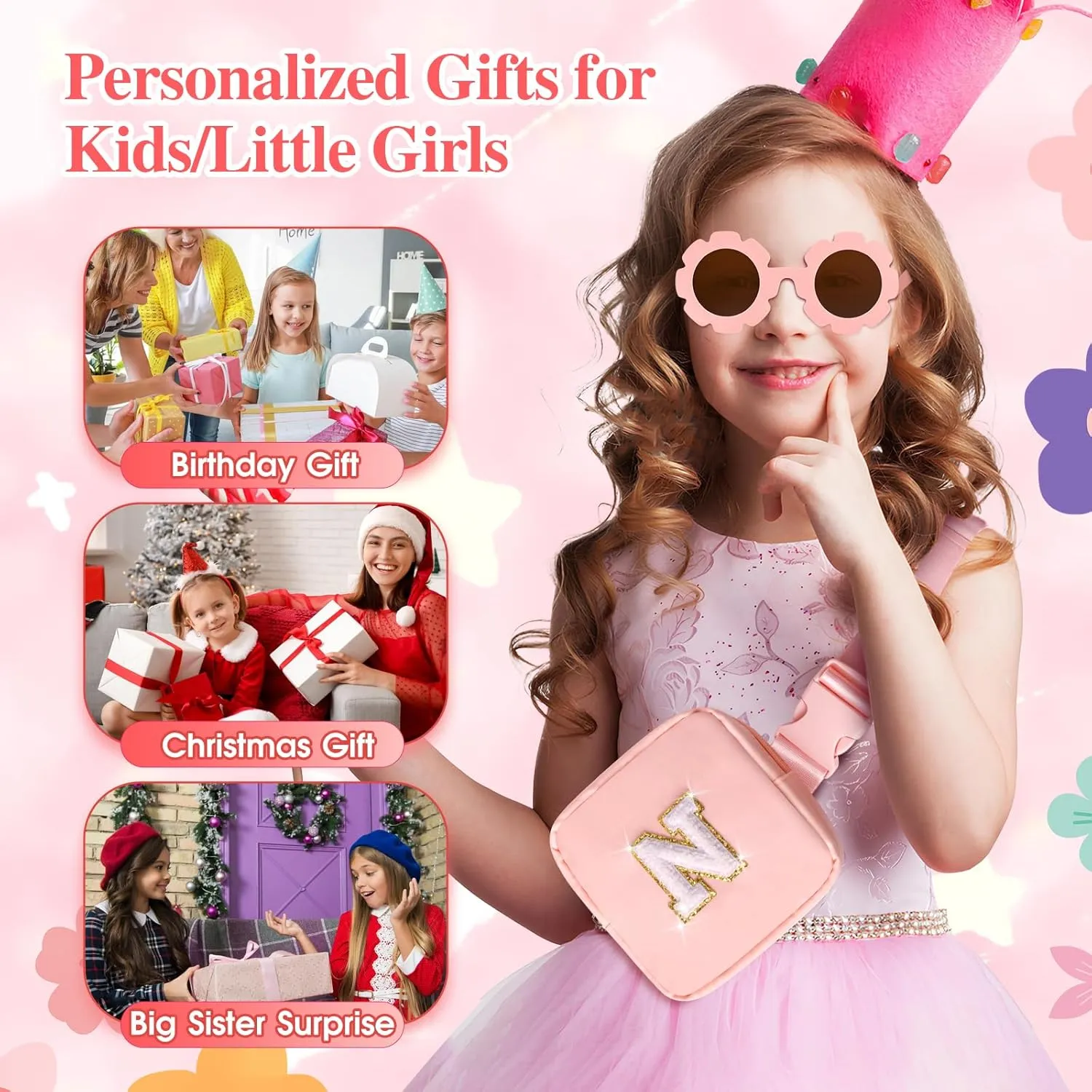 Personalized Mini Fanny Pack for Kids with Sunglasses & Cute Keychain, Small Initial Belt Crossbody Bag Purse for Teen Girls, Birthday Gifts for 3 4 5 6 7 8 9 10 Years Old Kid (A, Pink)