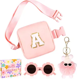 Personalized Mini Fanny Pack for Kids with Sunglasses & Cute Keychain, Small Initial Belt Crossbody Bag Purse for Teen Girls, Birthday Gifts for 3 4 5 6 7 8 9 10 Years Old Kid (A, Pink)