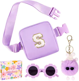 Personalized Mini Fanny Pack for Kids with Sunglasses & Cute Keychain, Small Initial Belt Crossbody Bag Purse for Teen Girls, Birthday Gifts for 3 4 5 6 7 8 9 10 Years Old Kid (S, Purple)