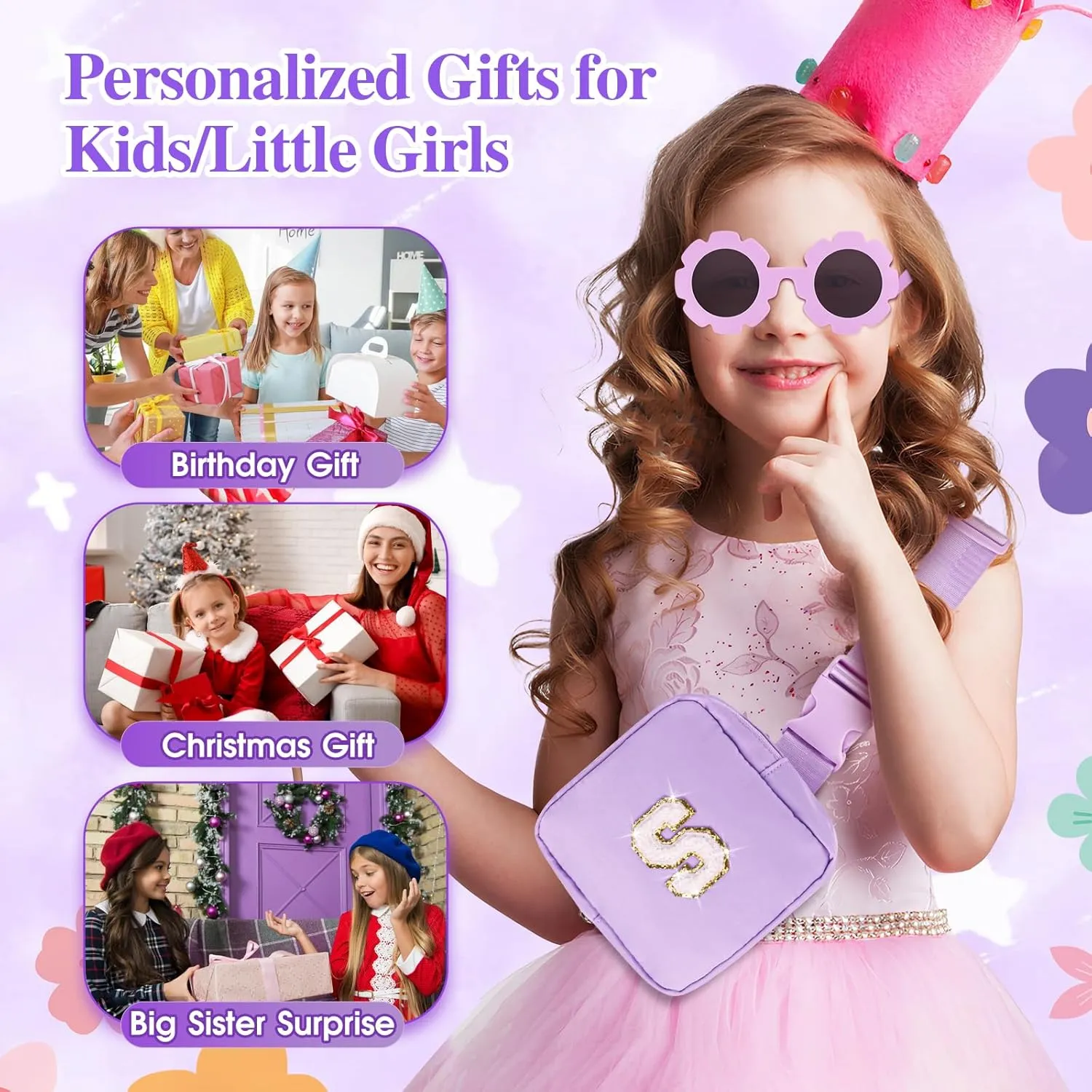 Personalized Mini Fanny Pack for Kids with Sunglasses & Cute Keychain, Small Initial Belt Crossbody Bag Purse for Teen Girls, Birthday Gifts for 3 4 5 6 7 8 9 10 Years Old Kid (S, Purple)