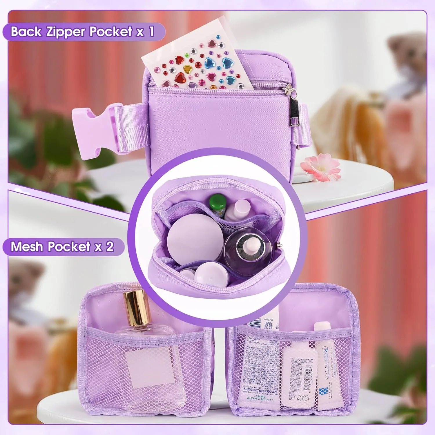 Personalized Mini Fanny Pack for Kids with Sunglasses & Cute Keychain, Small Initial Belt Crossbody Bag Purse for Teen Girls, Birthday Gifts for 3 4 5 6 7 8 9 10 Years Old Kid (S, Purple)