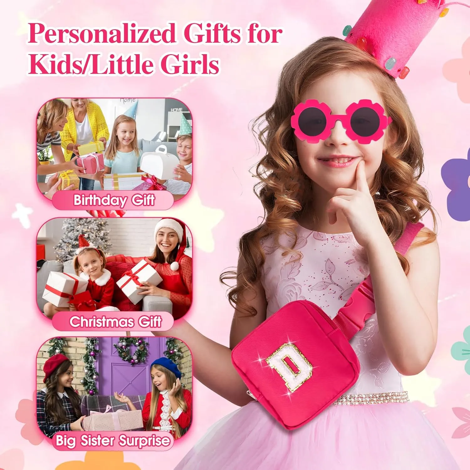 Personalized Mini Fanny Pack for Kids with Sunglasses & Cute Keychain, Small Initial Belt Crossbody Bag Purse for Teen Girls, Birthday Gifts for 3 4 5 6 7 8 9 10 Years Old Kid (S, Rose Pink)