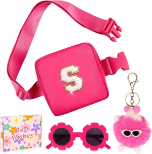 Personalized Mini Fanny Pack for Kids with Sunglasses & Cute Keychain, Small Initial Belt Crossbody Bag Purse for Teen Girls, Birthday Gifts for 3 4 5 6 7 8 9 10 Years Old Kid (S, Rose Pink)