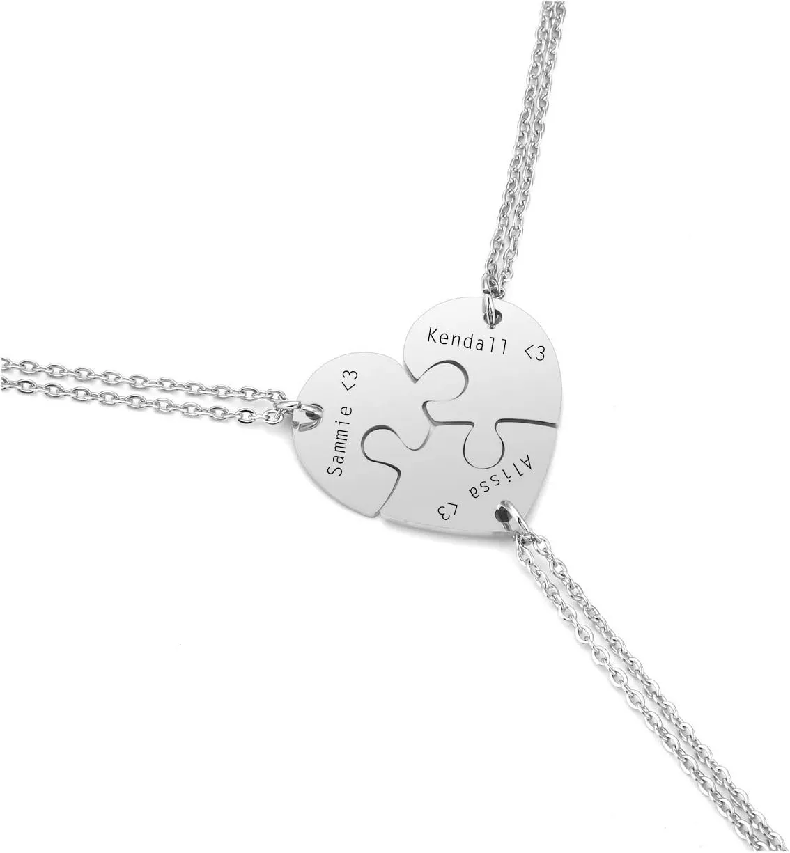 PiercingJ 3pcs Personalized Custom Initial Name Heart Puzzle Necklace Stainless Steel Matching Family Best Friends BFF Jigsaw Piece Pendant Stitching Necklace Soul Sister Gift