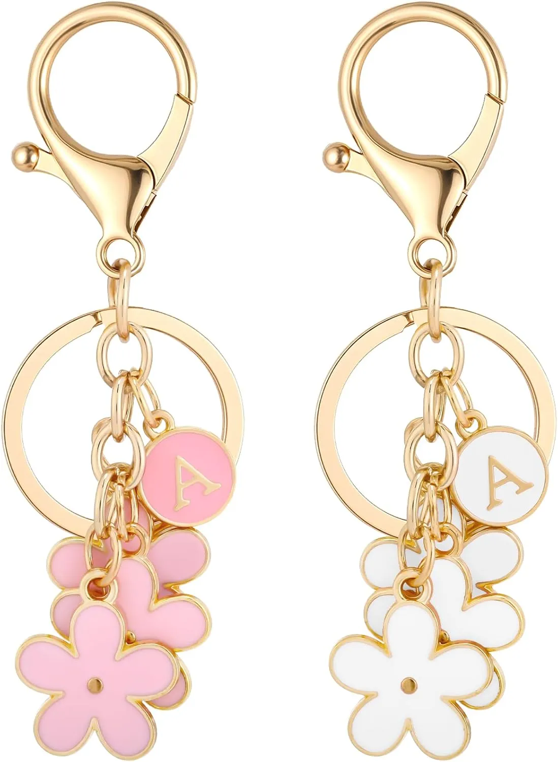 Pink Keychain White Keychain-Flower Charms Initial Letter Keychains Keyring for Women Bag Backpack