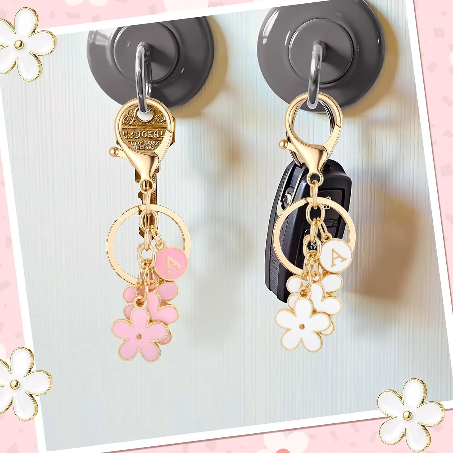 Pink Keychain White Keychain-Flower Charms Initial Letter Keychains Keyring for Women Bag Backpack