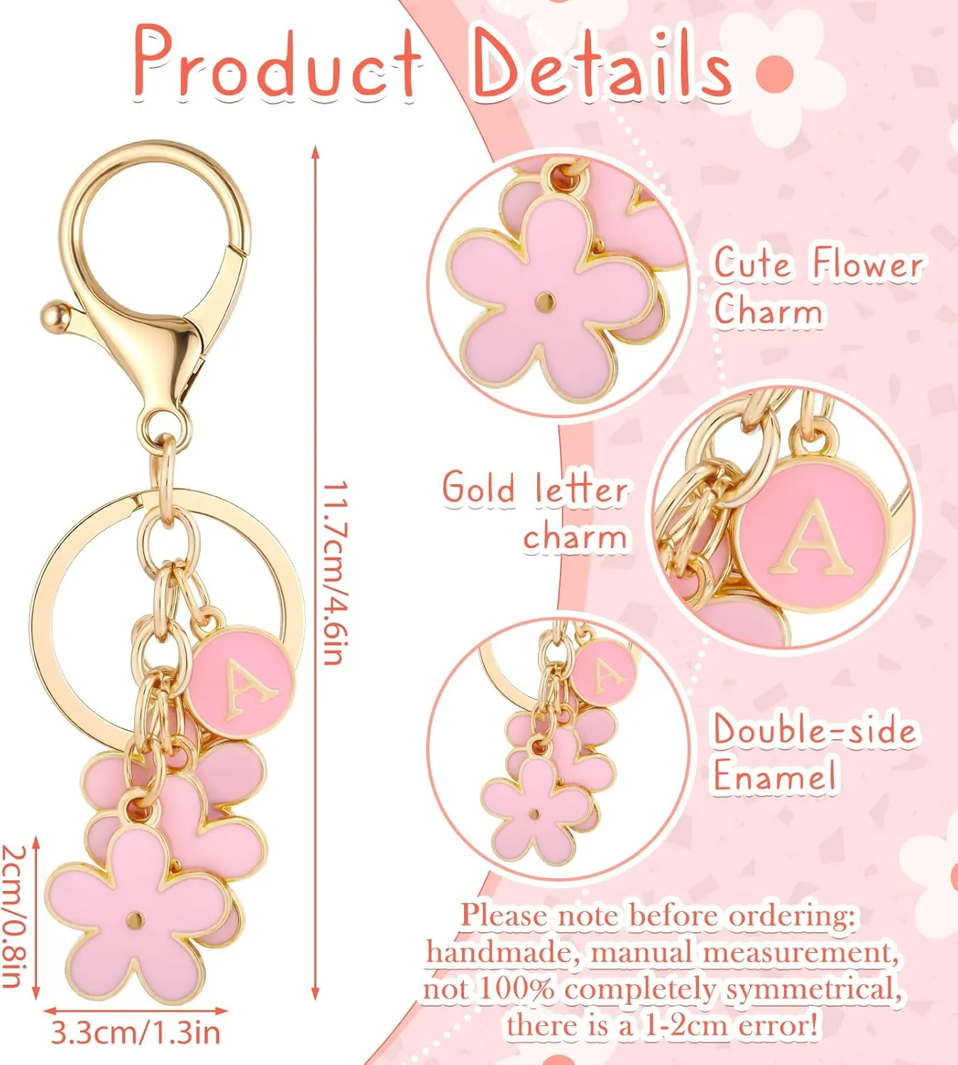 Pink Keychain White Keychain-Flower Charms Initial Letter Keychains Keyring for Women Bag Backpack