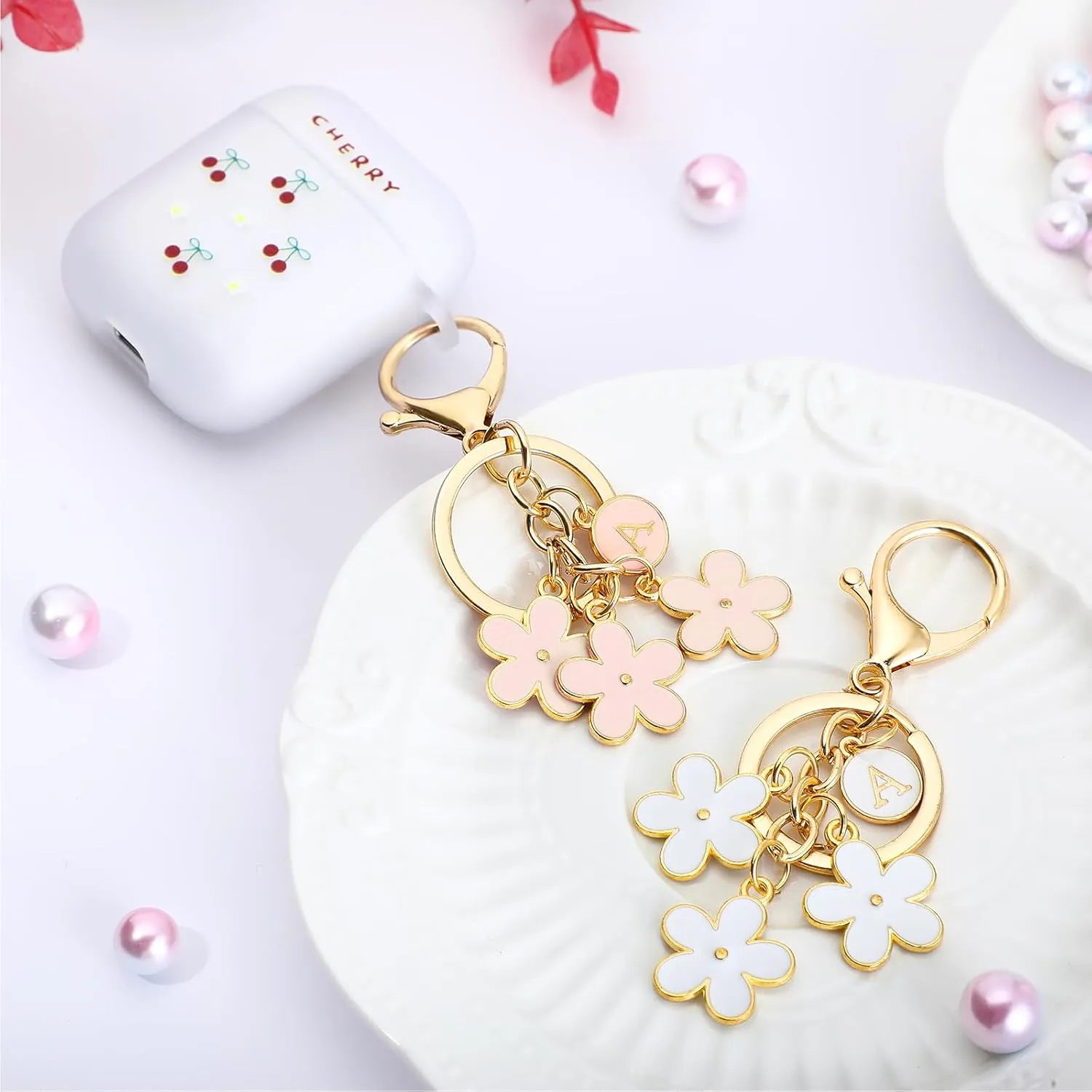 Pink Keychain White Keychain-Flower Charms Initial Letter Keychains Keyring for Women Bag Backpack
