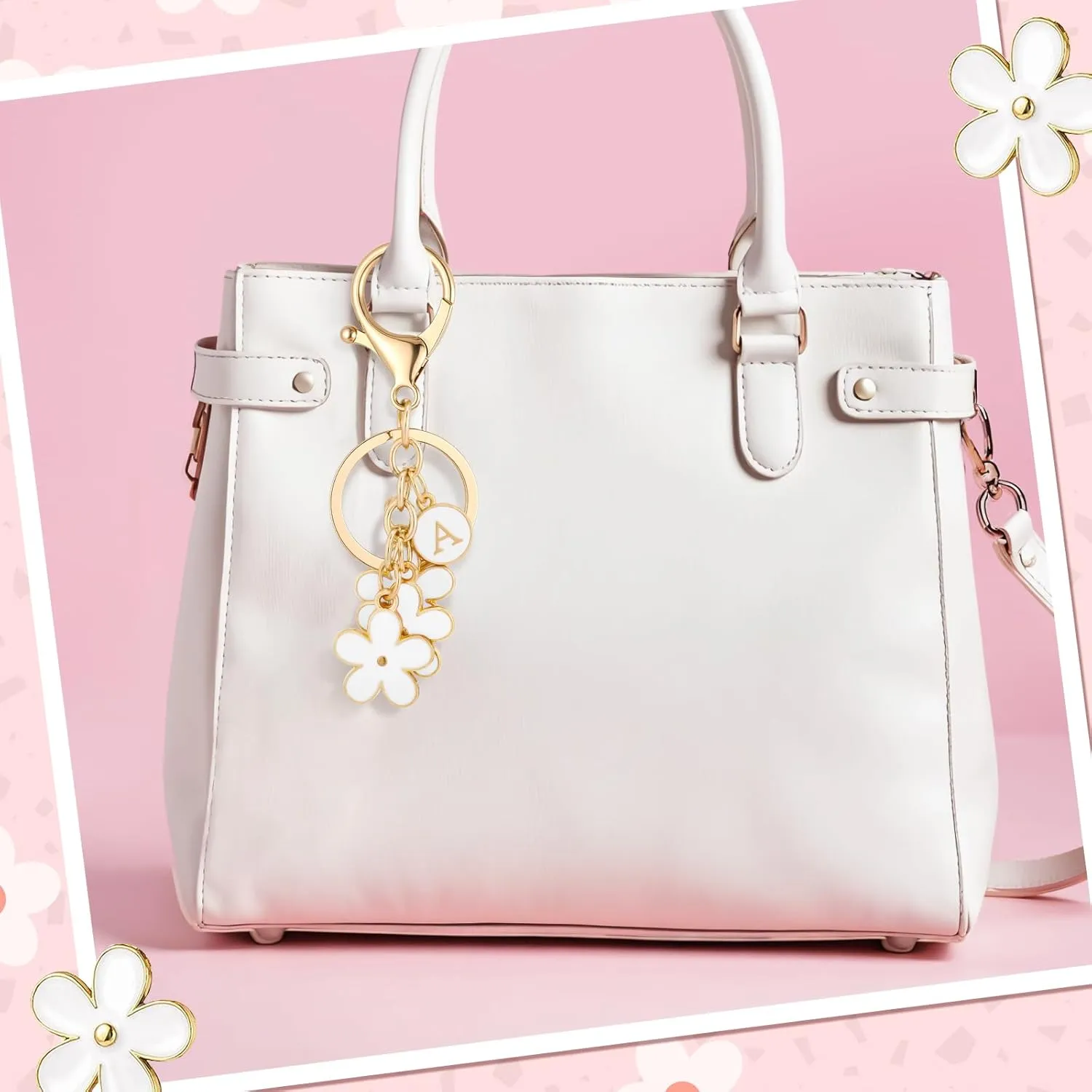 Pink Keychain White Keychain-Flower Charms Initial Letter Keychains Keyring for Women Bag Backpack