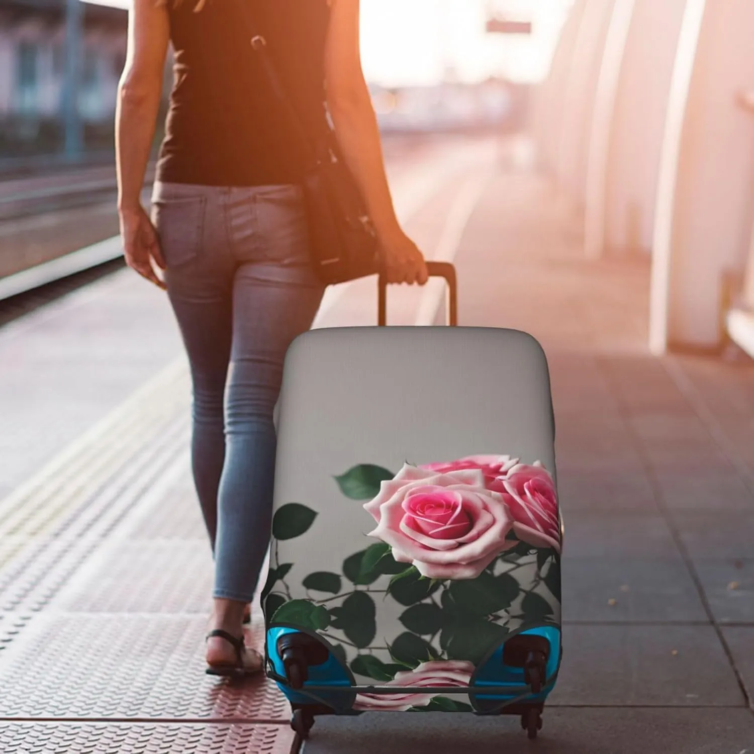 Pink Rose Print Practical Elastic Washable Travel Luggage Cover with Concealed Zipper for Suitcases