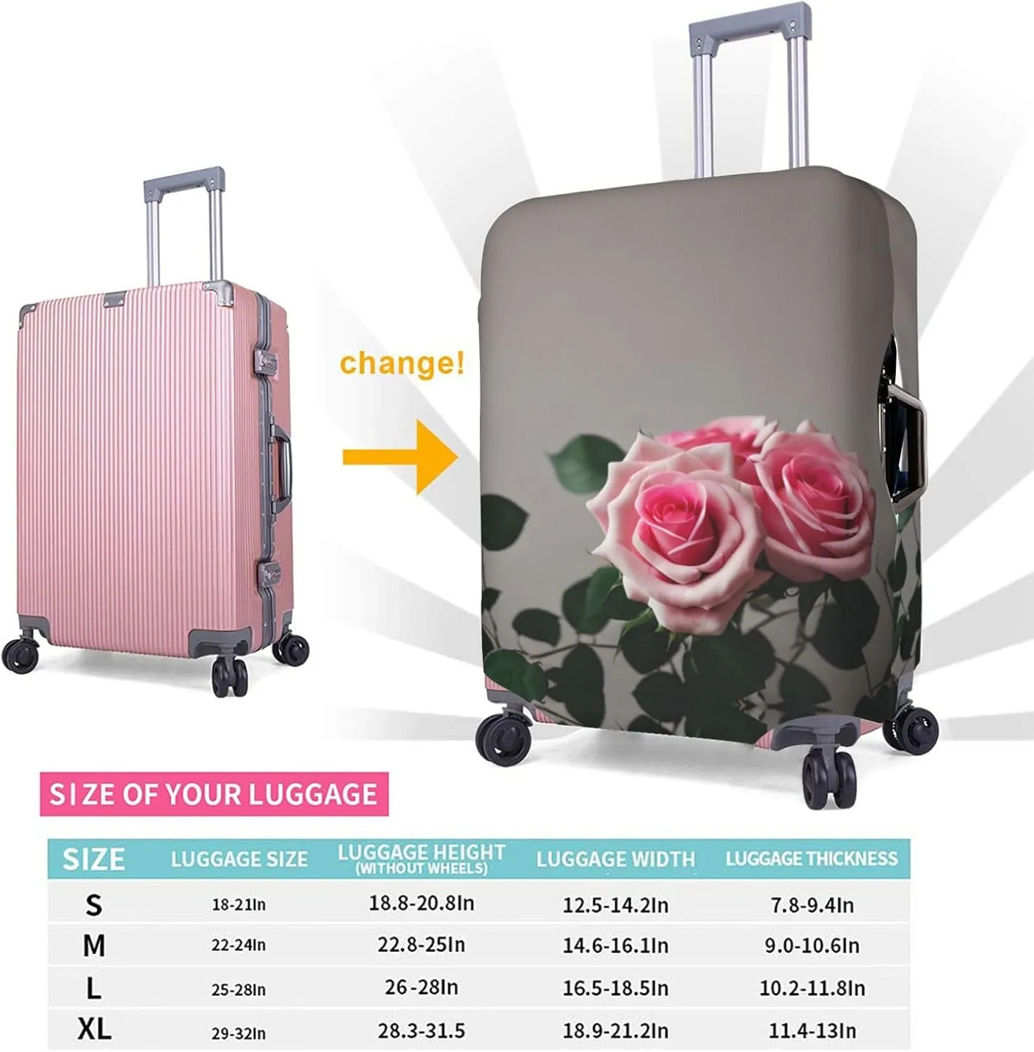 Pink Rose Print Practical Elastic Washable Travel Luggage Cover with Concealed Zipper for Suitcases