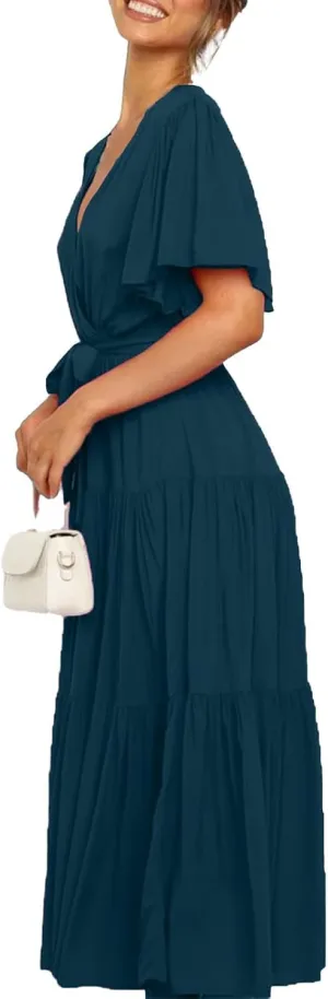 Pleated Dress for Women Formal Summer Short Sleeve A Line Dresses Tiered V Neck Spring Boho Wedding Dress with Belt
