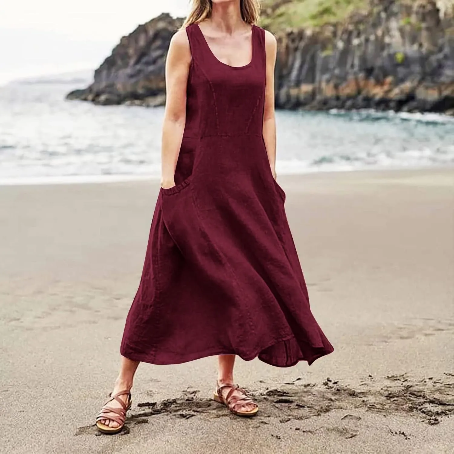 Plus Size Dresses for Curvy Women 2024 Cotton Linen Summer Loose Dress Casual Flowy Pleated Dress with Pocktes