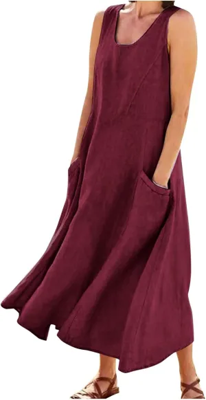 Plus Size Dresses for Curvy Women 2024 Cotton Linen Summer Loose Dress Casual Flowy Pleated Dress with Pocktes