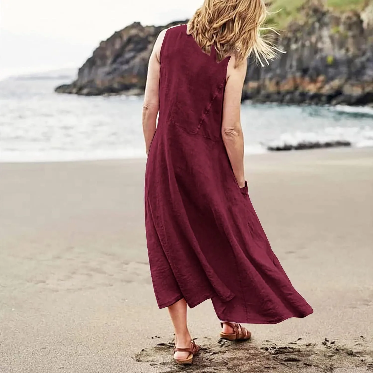 Plus Size Dresses for Curvy Women 2024 Cotton Linen Summer Loose Dress Casual Flowy Pleated Dress with Pocktes