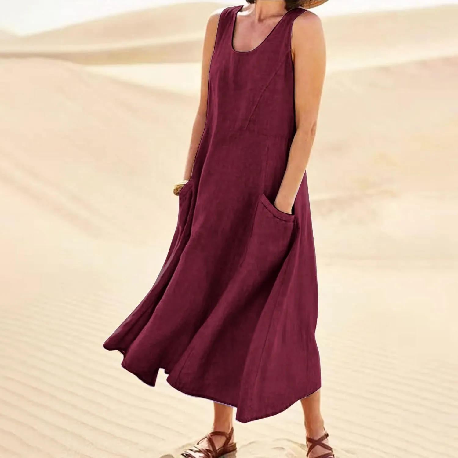 Plus Size Dresses for Curvy Women 2024 Cotton Linen Summer Loose Dress Casual Flowy Pleated Dress with Pocktes