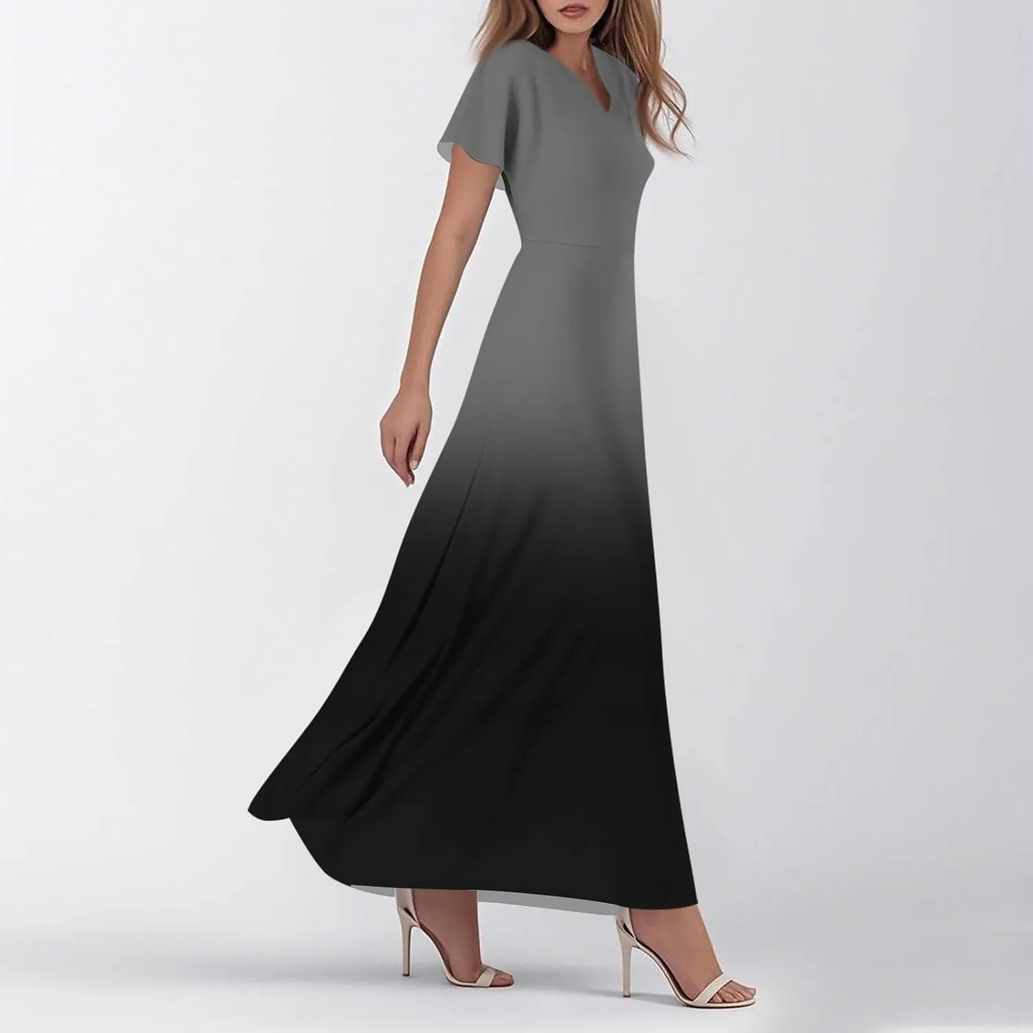 Plus Size Dresses for Curvy Women Casual Loose Trendy Short Sleeve V-Neck Floral Printed Solid Maxi Dress