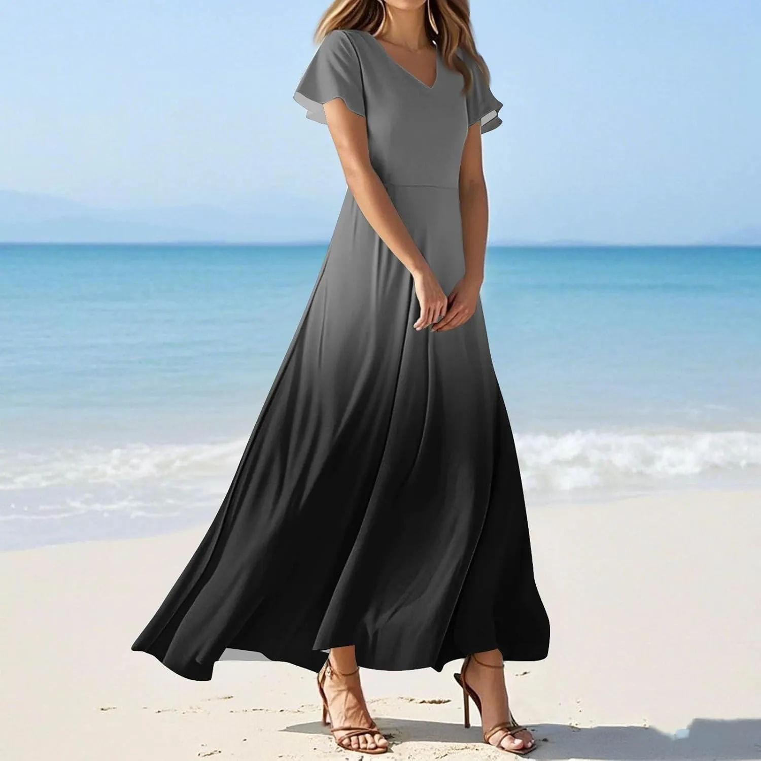 Plus Size Dresses for Curvy Women Casual Loose Trendy Short Sleeve V-Neck Floral Printed Solid Maxi Dress