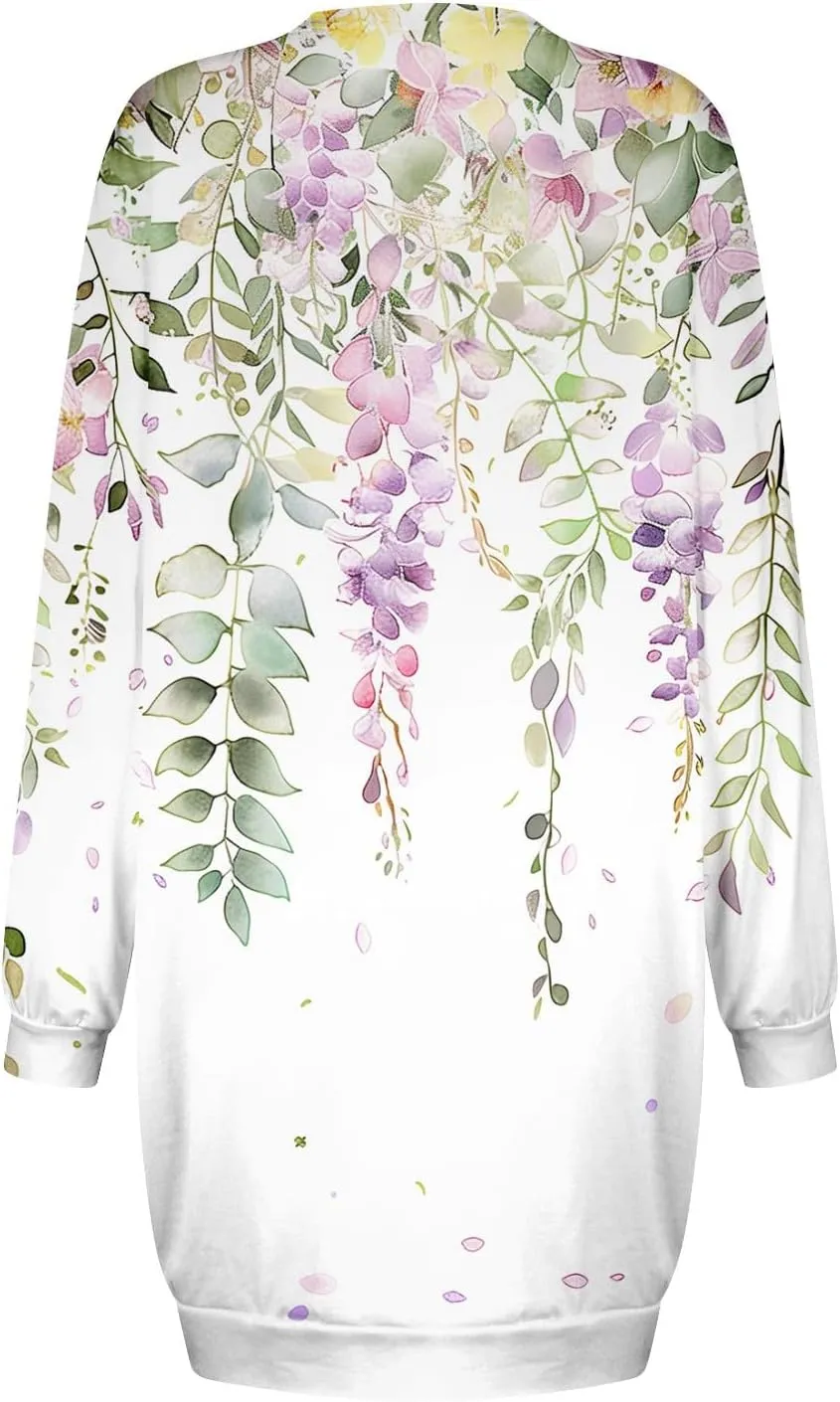 Plus Size Dresses for Curvy Women Fall 2024 Long Sleeve Crew Neck Sweatshirt Dress Floral Peint Mini Dress