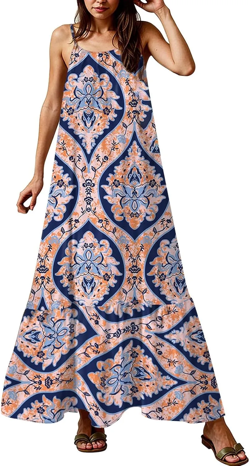 Plus Size Summer Dresses for Women Spaghetti Strap Sleeveless Maxi Dress Floor Length Bohemian Casual Formal Dress