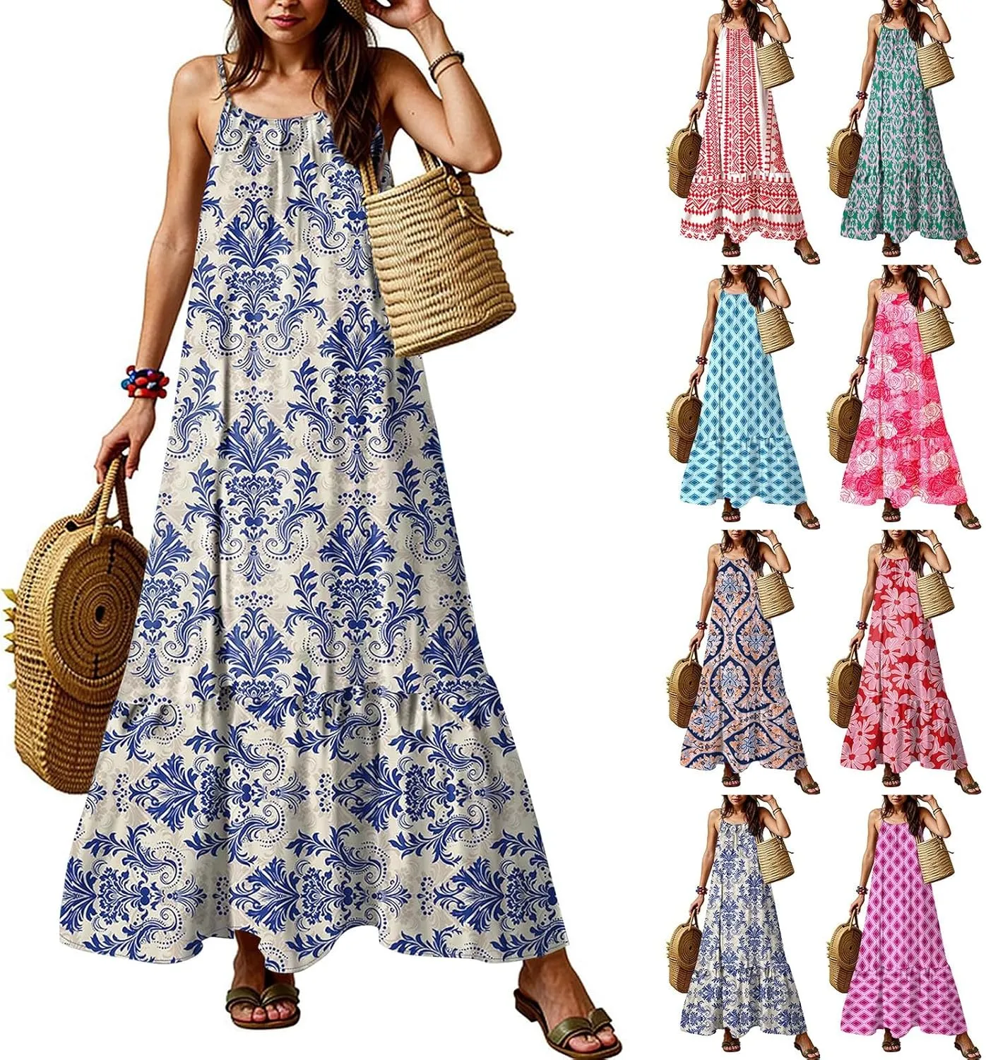 Plus Size Summer Dresses for Women Spaghetti Strap Sleeveless Maxi Dress Floor Length Bohemian Casual Formal Dress