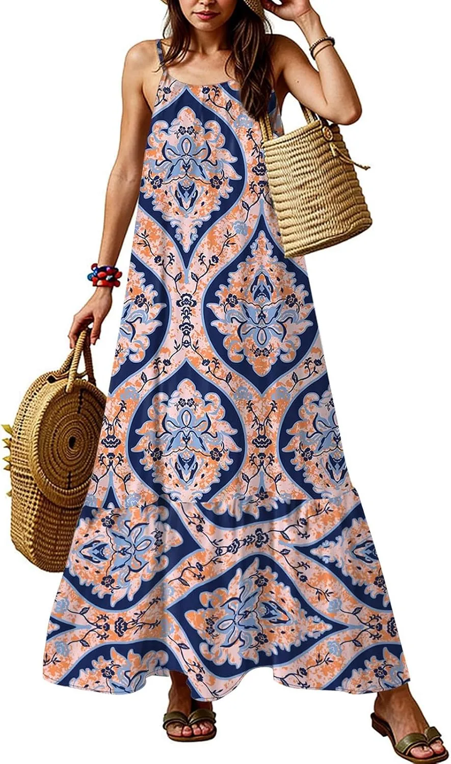 Plus Size Summer Dresses for Women Spaghetti Strap Sleeveless Maxi Dress Floor Length Bohemian Casual Formal Dress