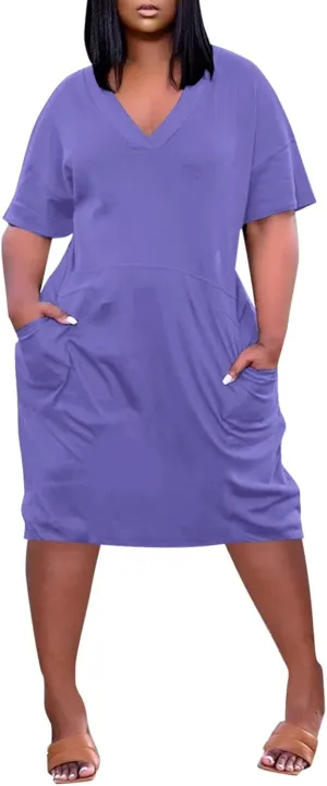 Plus Size T Shirt Dresses for Women 2025 Casual Oversized Short Sleeve V Neck Midi Dress Loose Comfy Soft Nightgown