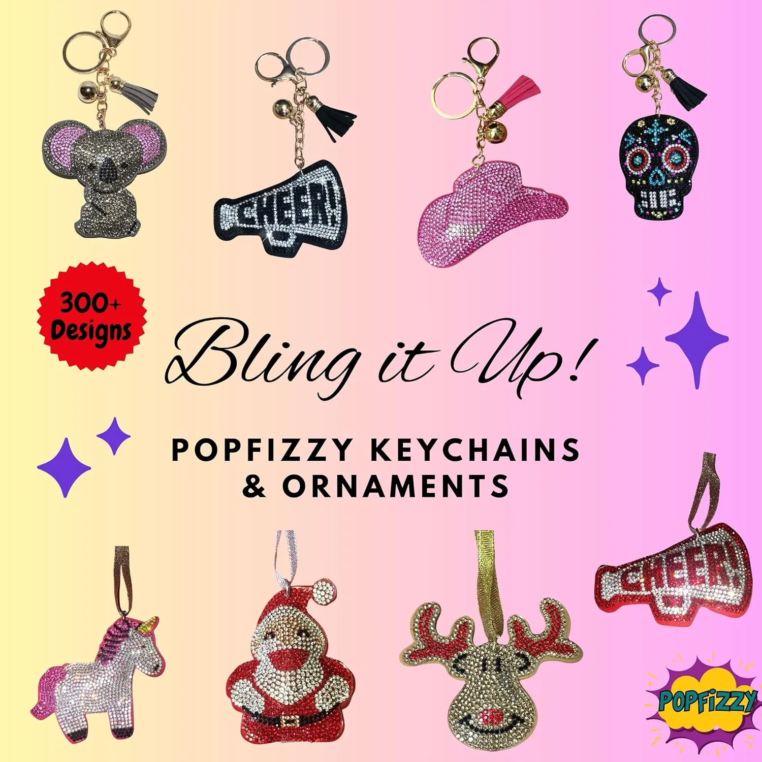 Popfizzy Bling Accessories - Rhinestone & Charms Keychain Set for Women, Perfect for Car Keys & Handbags