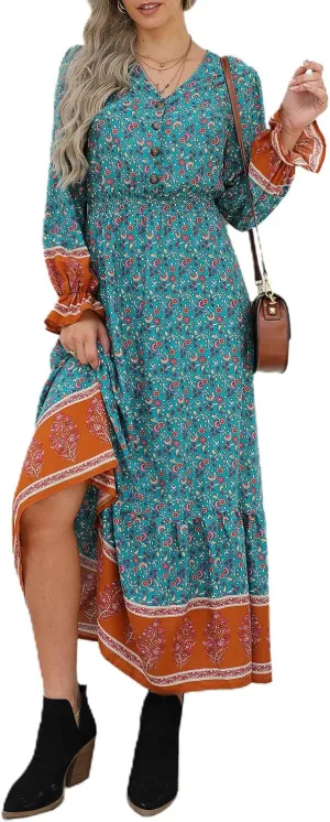 PRETTYGARDEN Long Sleeve Maxi Dress for Women V Neck Casual Button Down Boho Long Floral Dresses
