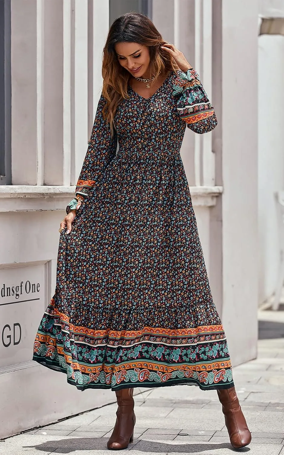 PRETTYGARDEN Long Sleeve Maxi Dress for Women V Neck Casual Button Down Boho Long Floral Dresses