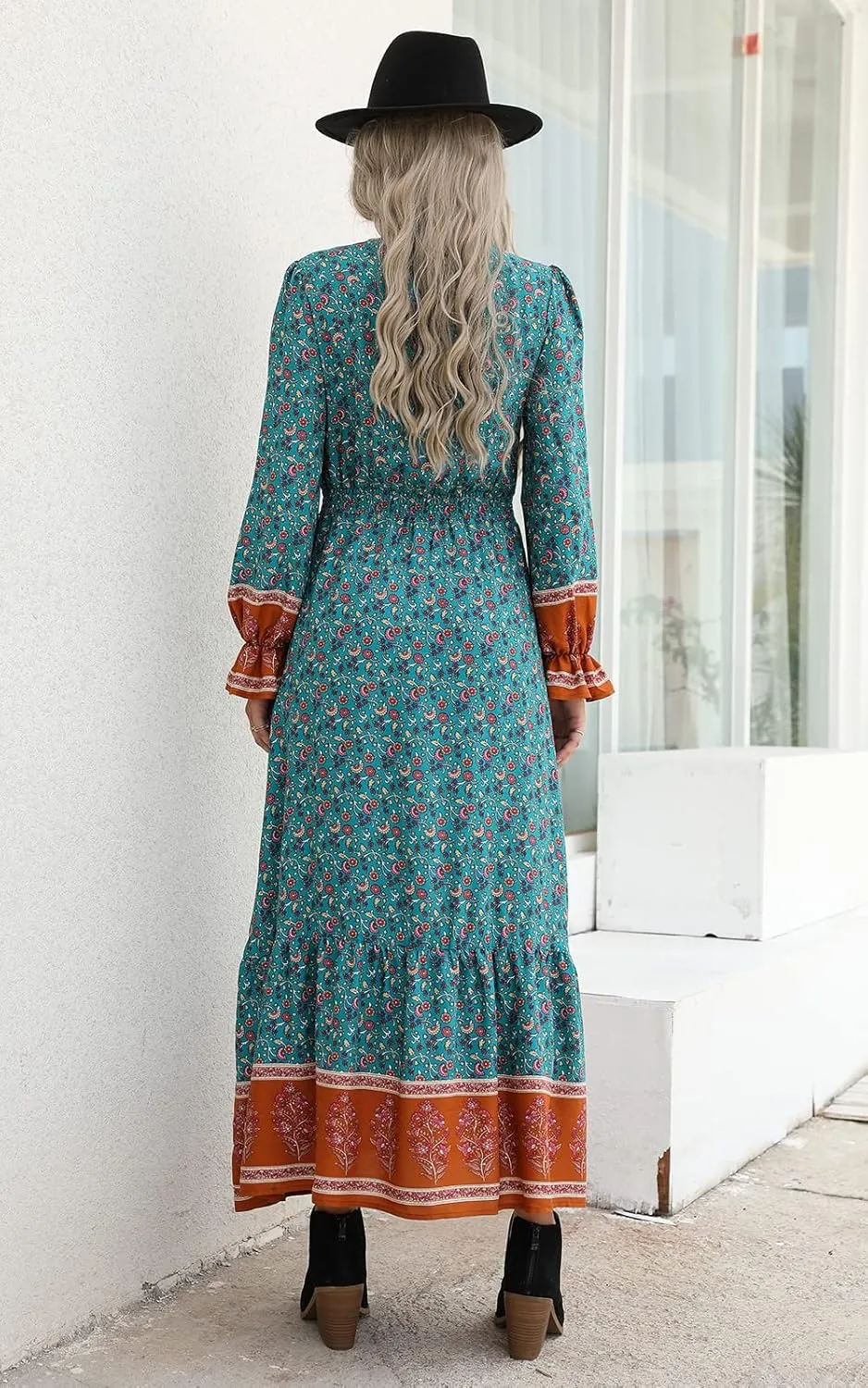 PRETTYGARDEN Long Sleeve Maxi Dress for Women V Neck Casual Button Down Boho Long Floral Dresses