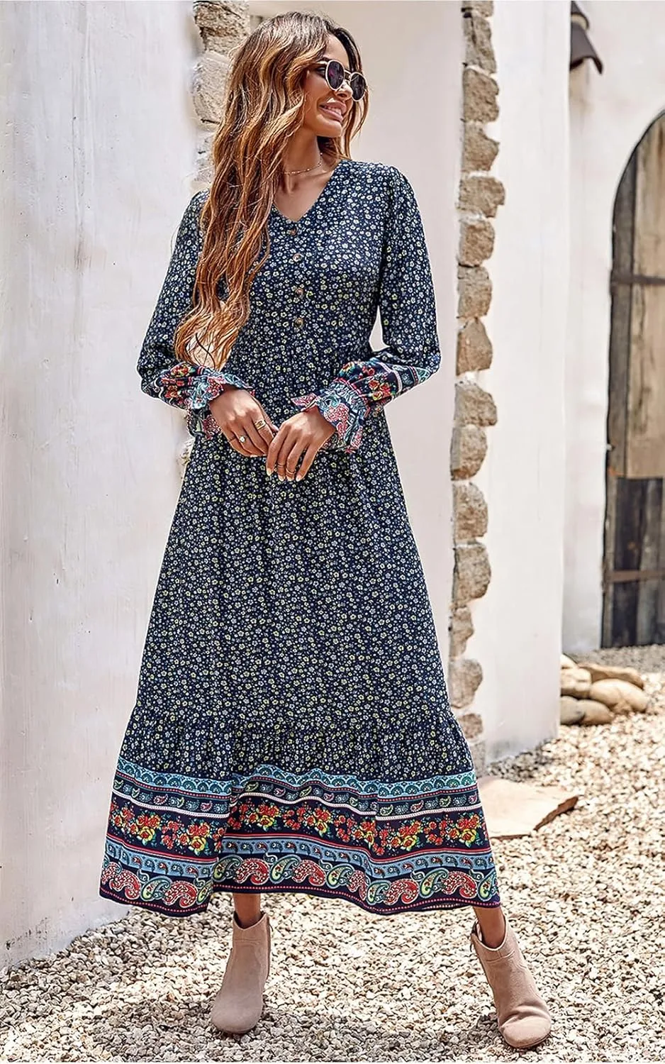PRETTYGARDEN Long Sleeve Maxi Dress for Women V Neck Casual Button Down Boho Long Floral Dresses
