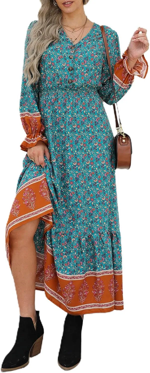 PRETTYGARDEN Long Sleeve Maxi Dress for Women V Neck Casual Button Down Boho Long Floral Dresses