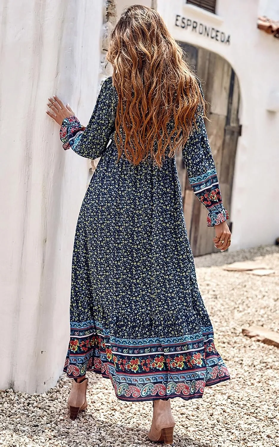 PRETTYGARDEN Long Sleeve Maxi Dress for Women V Neck Casual Button Down Boho Long Floral Dresses