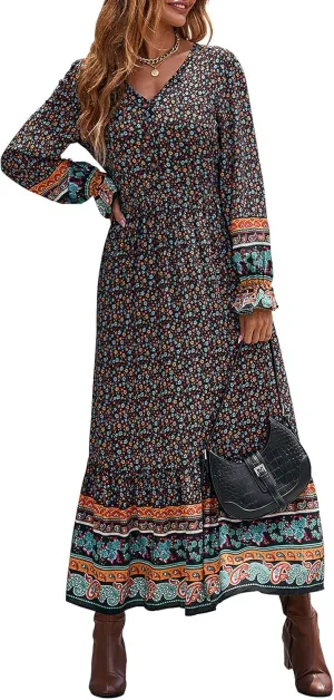 PRETTYGARDEN Long Sleeve Maxi Dress for Women V Neck Casual Button Down Boho Long Floral Dresses