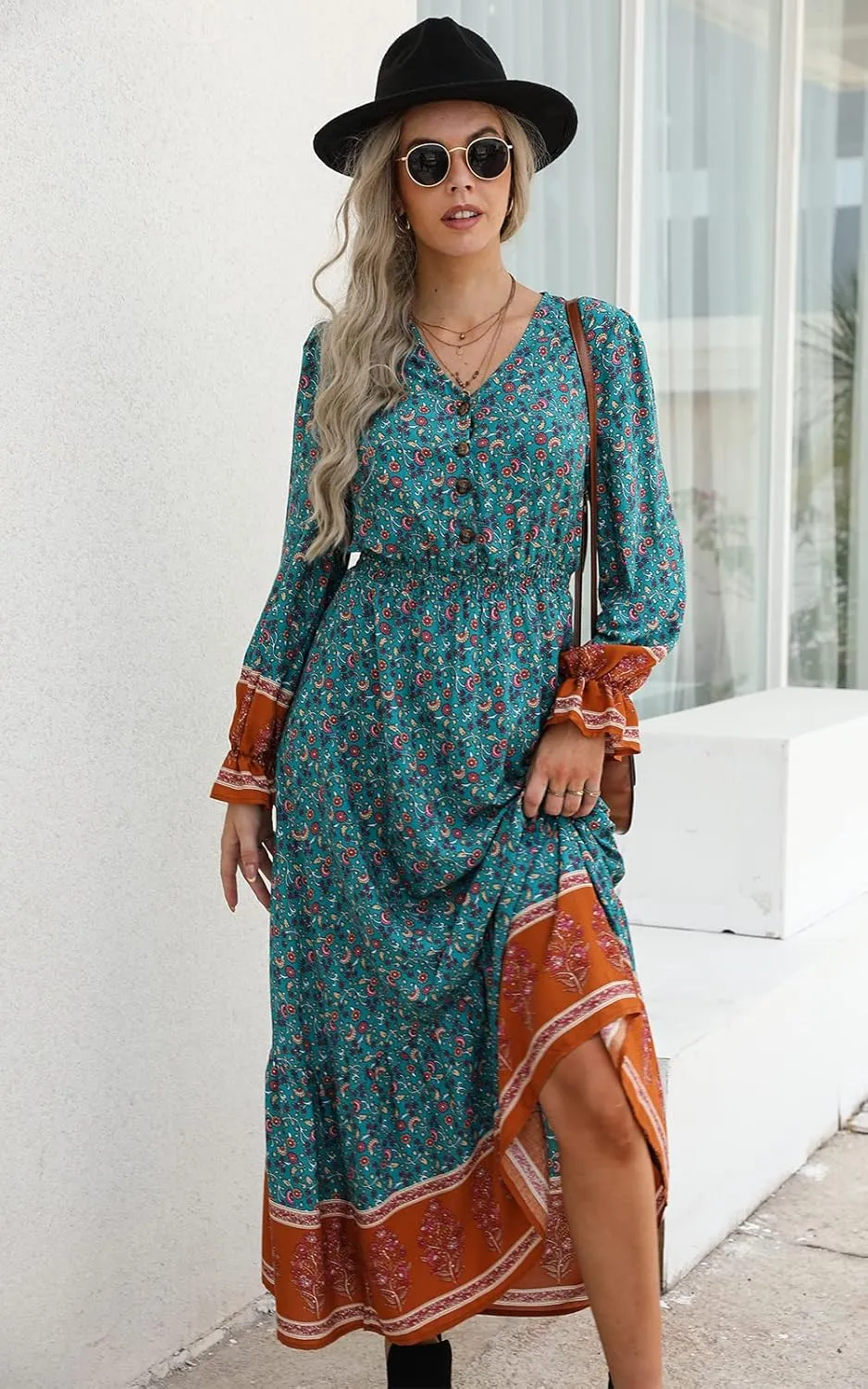 PRETTYGARDEN Long Sleeve Maxi Dress for Women V Neck Casual Button Down Boho Long Floral Dresses