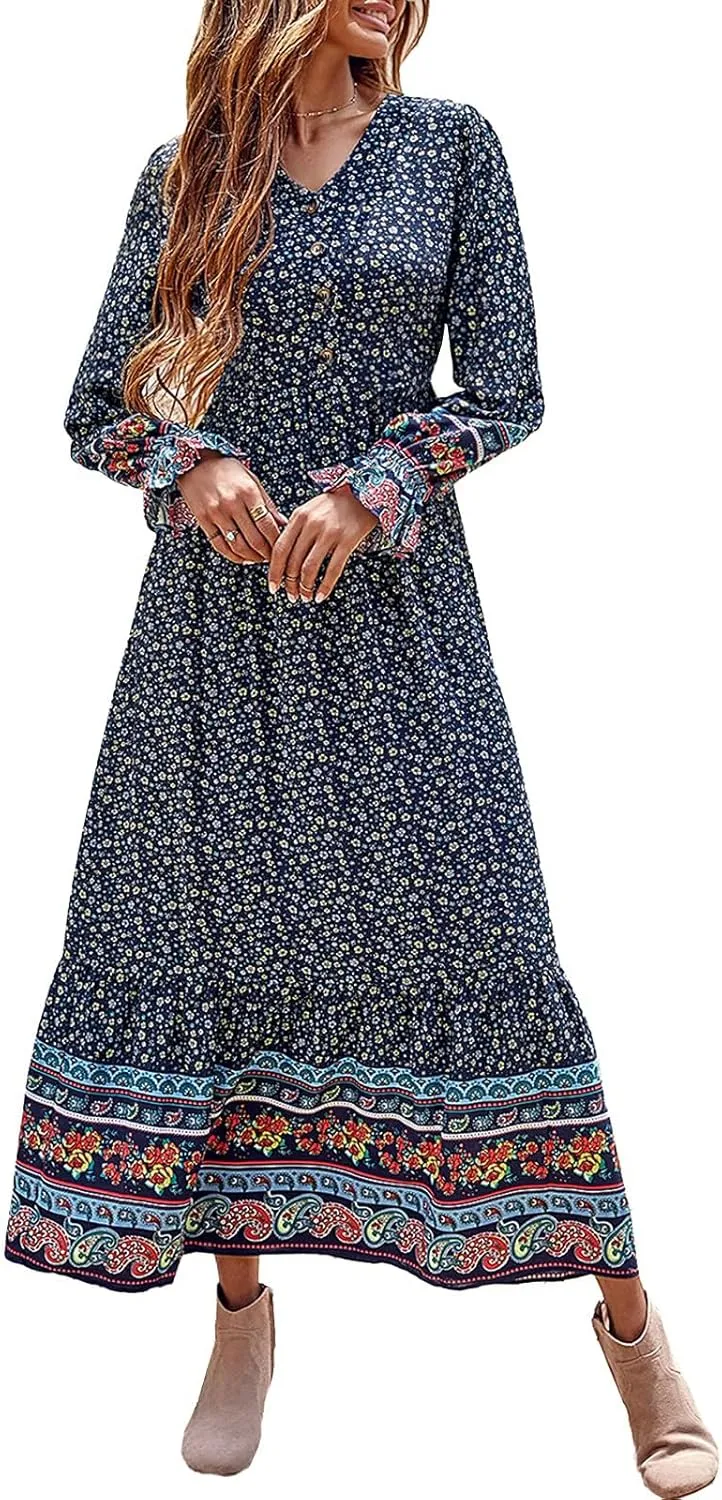 PRETTYGARDEN Long Sleeve Maxi Dress for Women V Neck Casual Button Down Boho Long Floral Dresses