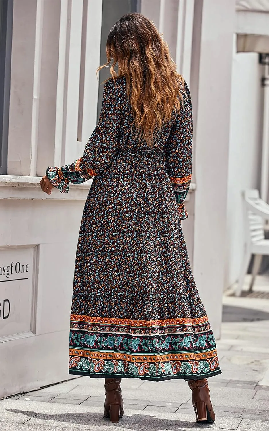 PRETTYGARDEN Long Sleeve Maxi Dress for Women V Neck Casual Button Down Boho Long Floral Dresses