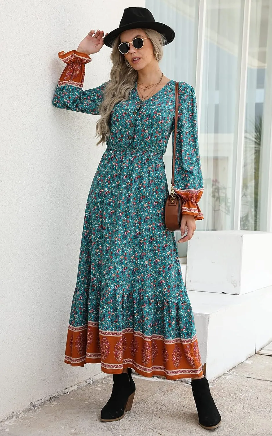 PRETTYGARDEN Long Sleeve Maxi Dress for Women V Neck Casual Button Down Boho Long Floral Dresses