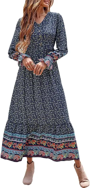 PRETTYGARDEN Long Sleeve Maxi Dress for Women V Neck Casual Button Down Boho Long Floral Dresses