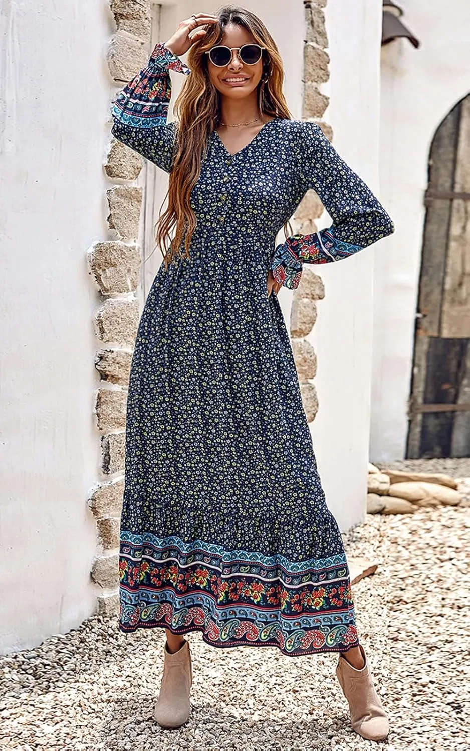 PRETTYGARDEN Long Sleeve Maxi Dress for Women V Neck Casual Button Down Boho Long Floral Dresses